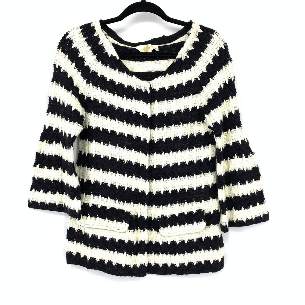 Anthropologie HWR Monogram Spike Striped Cardigan Sweater Sz M Black White